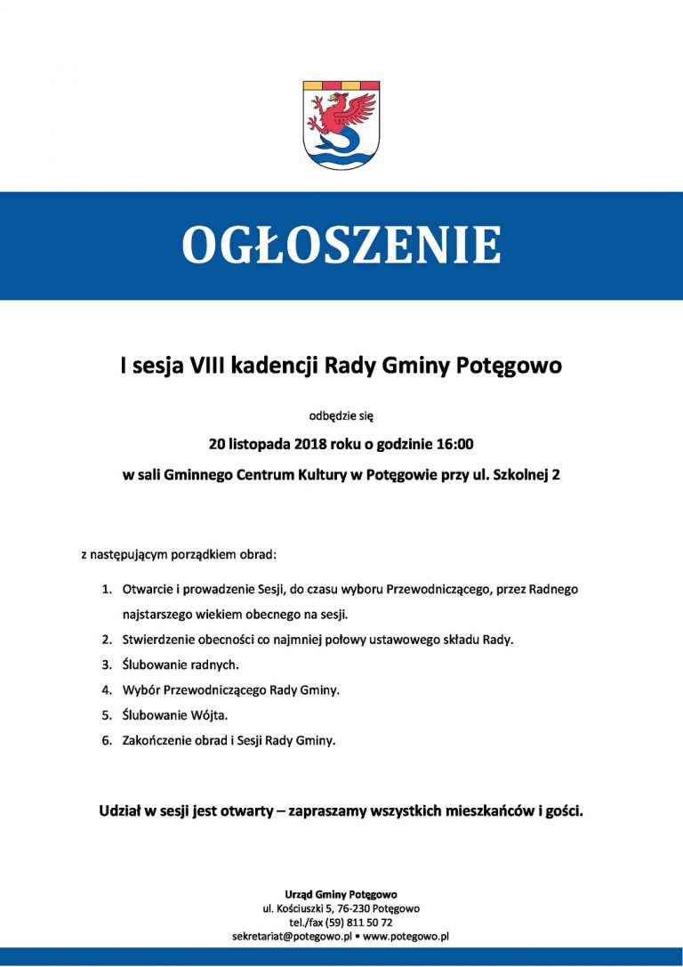 Zaproszenie na uroczystą sesję Rady Gminy Potęgowo