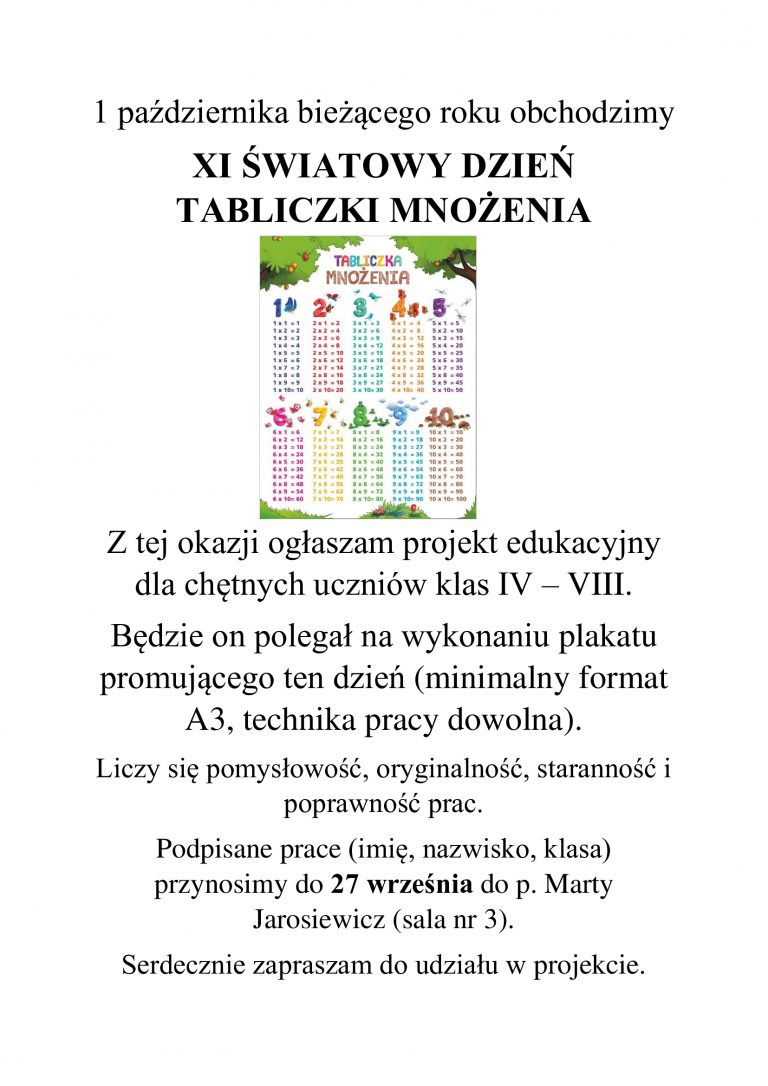 1 października -Dzień Tabliczki Mnożenia