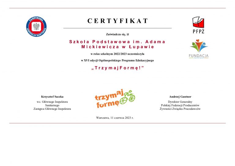 Ogólnopolskiego projektu edukacyjnego „Trzymaj formę”