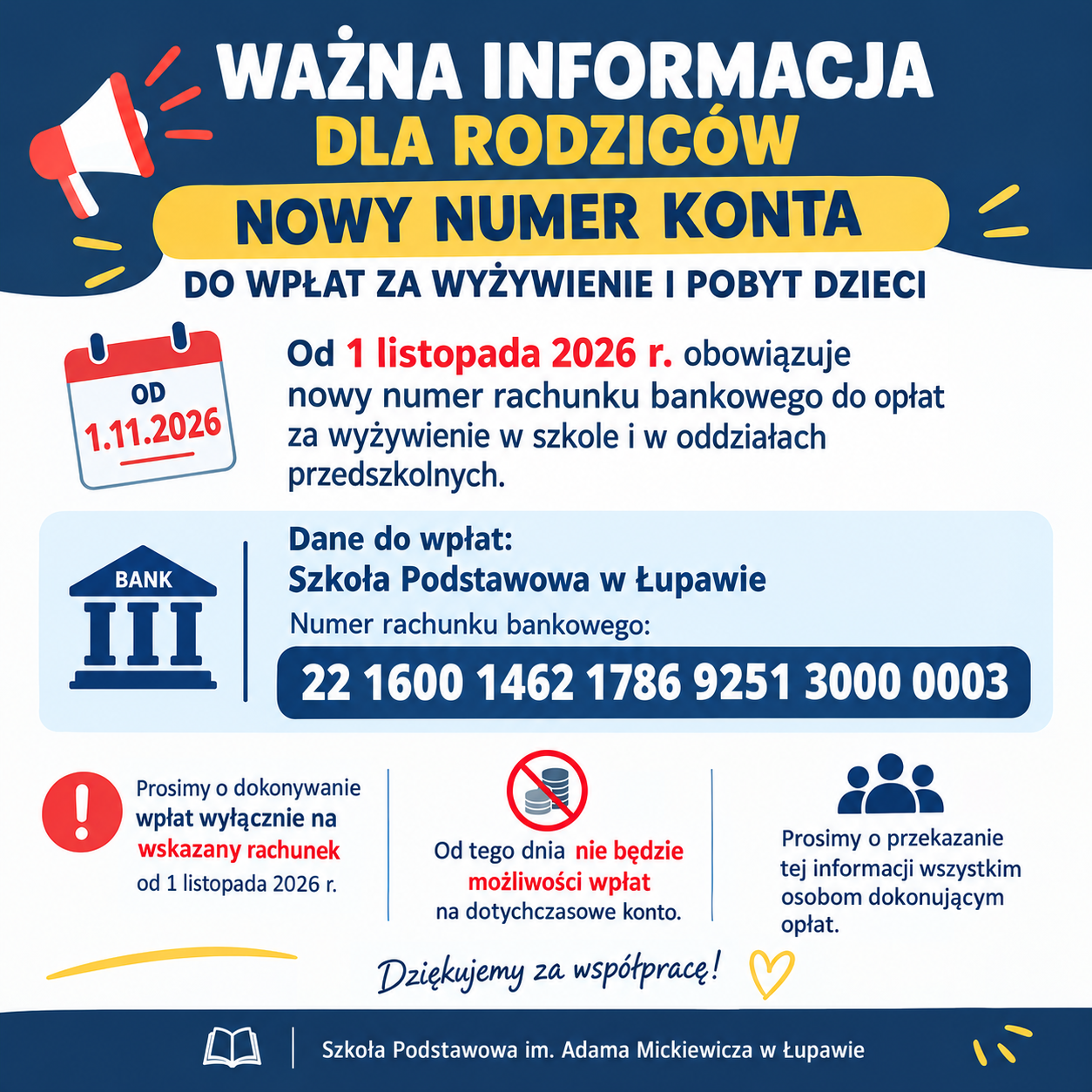 Nowy numer konta do opłat w SP im. Adama Mickiewicza w Łupawie
